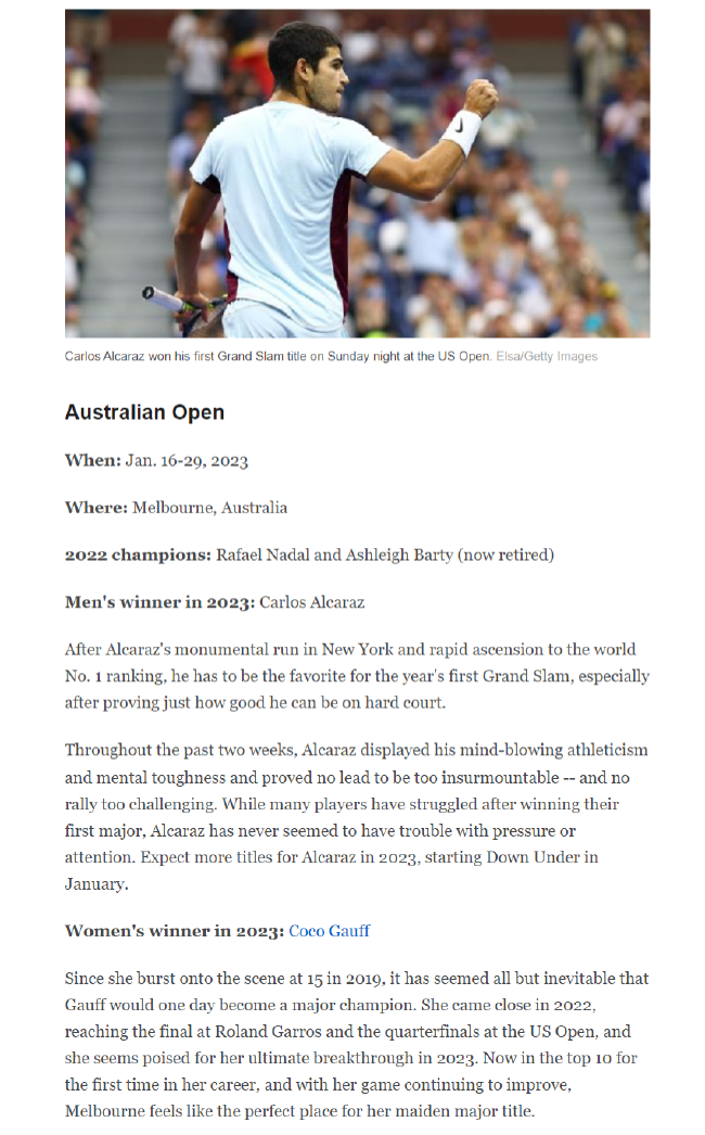 ESPN大膽預測阿卡高芙能奪得2023澳網男、預測亞福女單冠軍