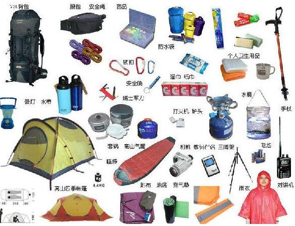 登山裝備平鋪展示圖，包含頭盔、登山杖等