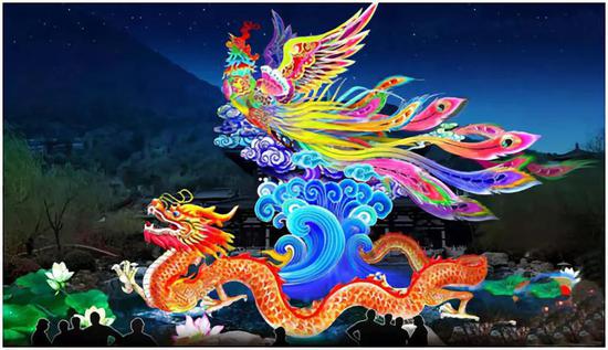 "游龙戏凤"动态灯组,通过龙追凤游动,龙穿越龙门,取龙凤呈祥,吉祥如意