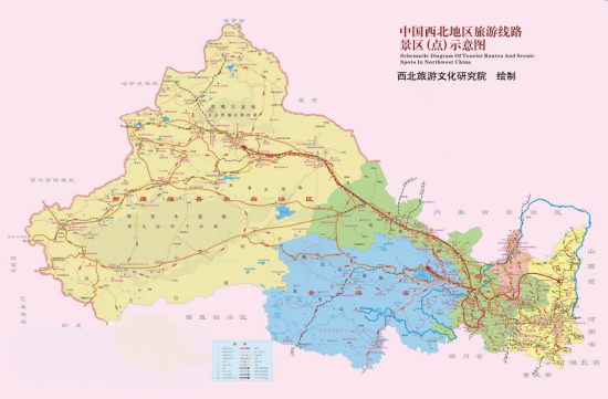中国西北地区旅游线路景区(点)示意图