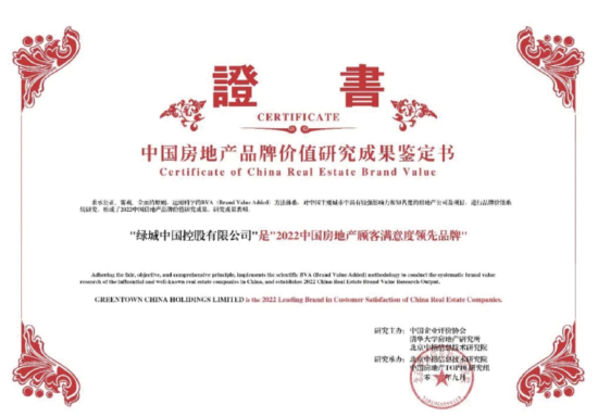 绿城品牌获奖荣誉证书