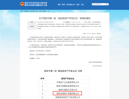 西安首批“诚信房企”名单