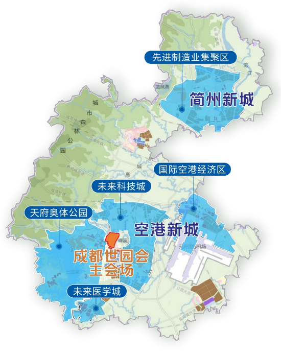 成都东部新区五大重点片区分布示意图