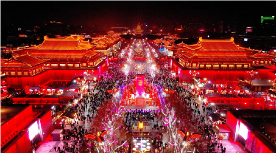 西安大唐不夜城(2023年1月28日摄,无人机照片)。新华社记者 刘潇 摄