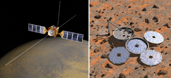 火星快车号（三根天线是测地雷达）和小猎犬2号艺术想象。来源：ESA