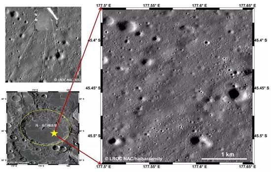 不（左上）嫦娥四号降落相机的照片和LROC NAC影像的匹配，来源：LROC/ASU[1]（左下）冯·卡门撞击坑位置（右）嫦娥四号着陆区。来源：LROC WAC/NAC/haibaraemily 上图右边这个大约3×5公里的区域，就是小兔子着陆后，在月背的主要活动范围。