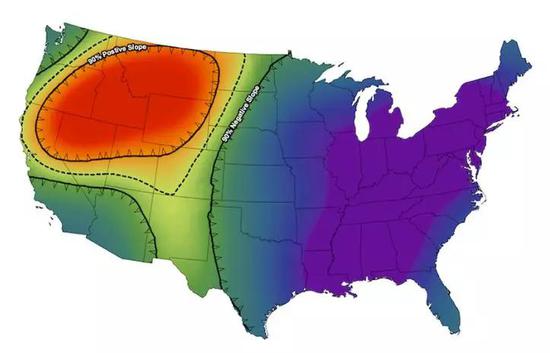 红色区域显示的是1988~2016年美国颗粒物污染PM2.5最严重的地区，图片改编自MCCLURE C.D。和JAFFE D.A/PNAS（https：//www.sogou.com/link？url=hedJjaC291PTveIeLyoyevrYK09H0hLnDcQG82ujF5rgl-79v9DpGDPQBWF5Ox0Bf2mer0q74W_ypzHrFOsC9OCCx8KtXodJ）