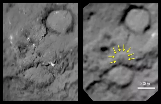 撞击前（左）和后（右）的彗星坦普尔1号的彗核表面，新撞出一个直径约150米的撞击坑。 　　来源：NASA