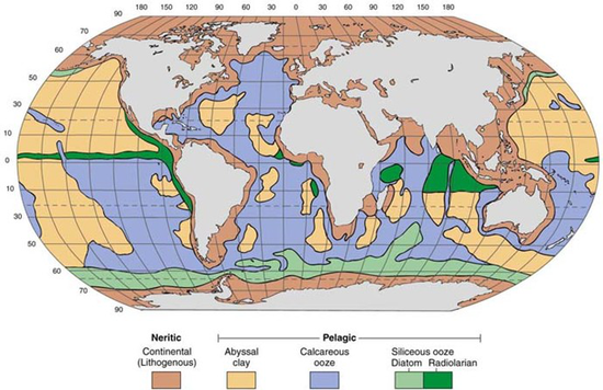 全球海洋沉积物分布图（其中浅绿色为硅藻泥）