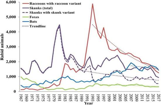 自1995年开始投放口服狂犬病疫苗后，美国野生动物狂犬病上报案例明显持续下降。（图源：AVMA Journals）