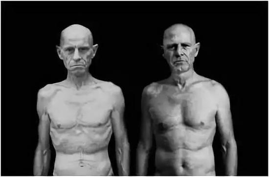  罗伊·沃尔福德是生物圈2号实验中的一员，他的体重从150磅（右）下降到了119磅（左）。Walford et al。/The Journals of Gerontology Series A， 1 June 2002