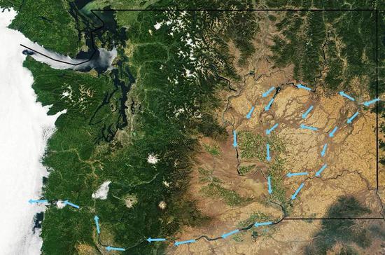 Missoula洪水在Channeled Scablands的主要路径（来源：The Seven Wonders of Washington State）