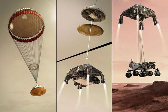 “好奇”号通过降落伞和空中起重机方式在火星表面着陆