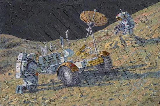 《悄然流逝》（Slip Slidin’ Away）（2015）描绘了阿波罗15号宇航员戴夫·斯科特和吉姆·欧文在照看月球车。这幅画上的纹理是用宾在阿波罗上所穿的靴子制造出来的。