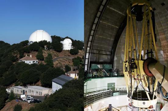 图2 位于加州大学利克天文台（Lick Observatory）的三米谢恩望远镜（Shane telescope）的外部与内部照片。法伯尔曾任加州大学天文台台长多年。