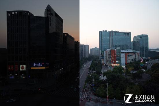 实拍环境下，日落时分我们降低三档曝光拍摄，已经接近正常拍摄的常用极限