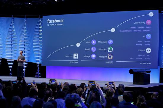 2016年，馬克·扎克伯格在Facebook的一次會議上介紹了該公司的10年路線圖。圖片版權(quán)：Eric Risberg／美聯(lián)社