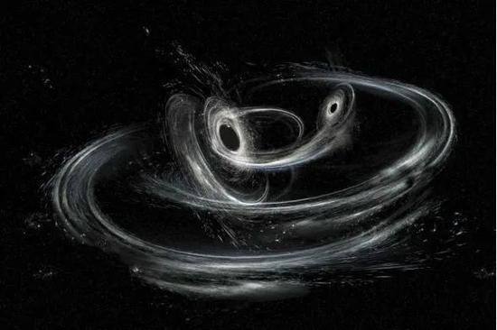 双黑洞合并的想象图，图片来源：LIGO/Caltech
