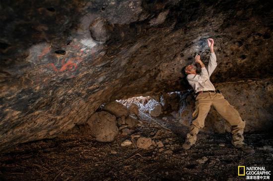 在南加州的风车洞（Pinwheel Cave），研究团队成员Jon Picciuolo发现了几个世纪前塞入洞穴墙壁裂缝中的咀嚼物（咀嚼过的植物）。洞穴的名字来自右侧的彩色风车。 摄影：DEVLIN GANDY