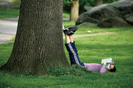 2021年5月18日，美国纽约。一名女性在中央公园的草坪上躺着看书。/视觉中国