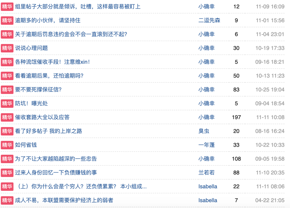 “负债者联盟”小组精华帖区，大家都在彼此鼓励、想办法