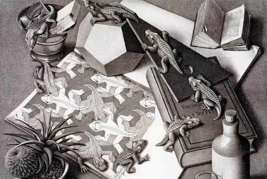 在艺术家 M.C Escher 的画中，二维的蜥蜴正试图变为三维实体，逃出画面