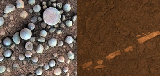 机遇号发现的“蓝莓”（赤铁矿结核）和石膏脉（水合硫酸钙矿物），均是火星曾有过温暖湿润环境的证据。来源：NASA/JPL