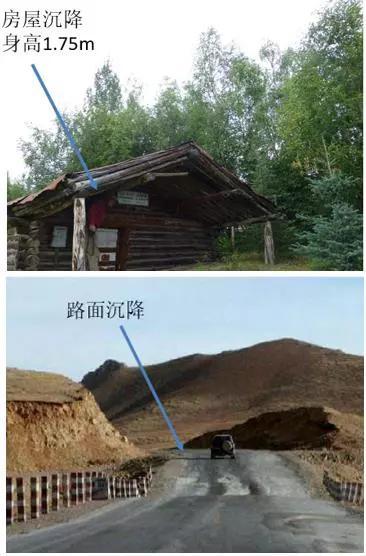 图9 多年冻土区因沉降废弃的建筑物和沉降影响的公路