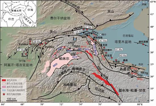 现代帕米尔高原地区简要地形图| 帕米尔高原如今已经和天山西南端碰到一起,切断了塔吉克盆地与塔里木盆地之间的联系。