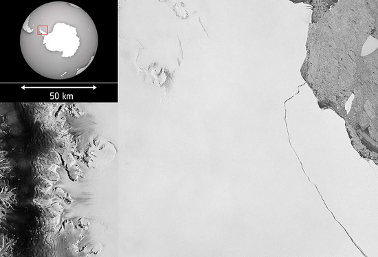 2017年，A68冰山诞生的卫星图像  图/ESA