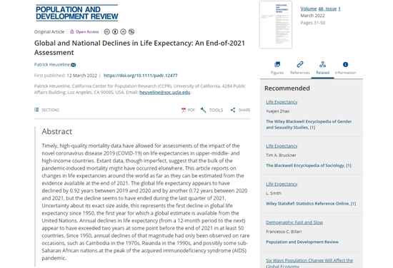 加州大学发布的研究报告《Global and National Declines in Life Expectancy An End-of-2021 Assessment》