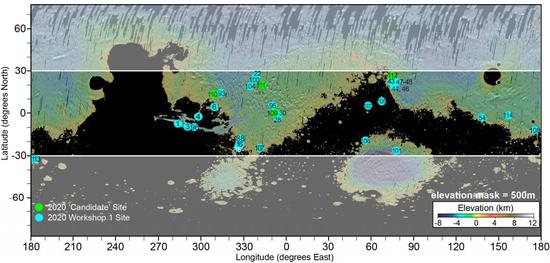 符合初筛条件的候选着陆点 | NASA Mars 2020第一次研讨会