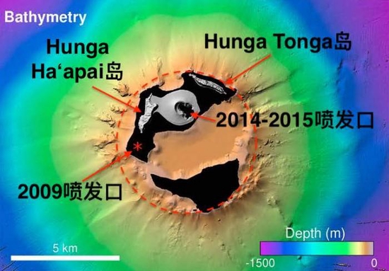 Hunga Tonga-Hunga Ha‘apai火山在2016年的地形起伏，只有灰色部分在海平面以上。红色虚线表示了整个火山口范围，可能形成于一千多年前的一个大爆发。（图片来源：Garvin et al 2018， GRL）