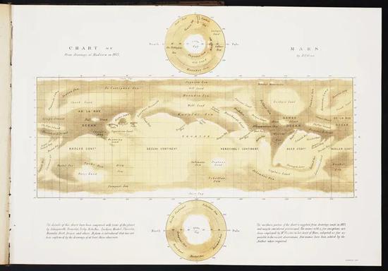 1877年英国画家纳撒尼尔·格林绘制的火星地图，其中对地貌的命名基本与普罗克特一致。