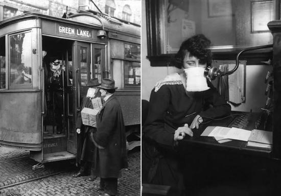 　1918年的流感大流行中，美国通勤人员和电话接线员佩戴口罩。来源：PhotoQuest/Getty； Bettmann/Getty