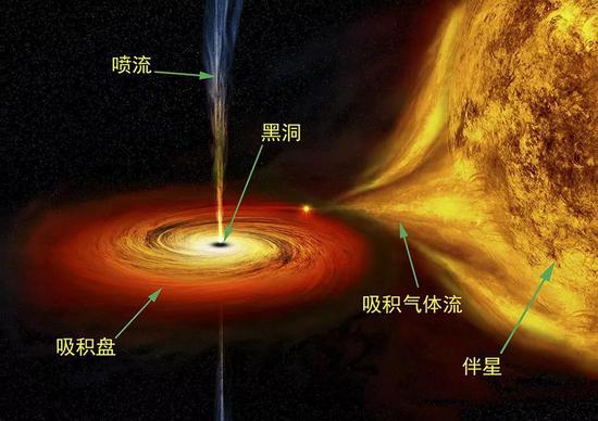 恒星尺度的黑洞系统示意图,喷流来自吸积盘,其直径并不仅局限图中显示的尺度。