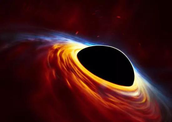 被扯碎的恒星残骸盘旋着落入黑洞，这个过程会产生大量的热量，有能力发出强烈的光芒。图片来源：ESO