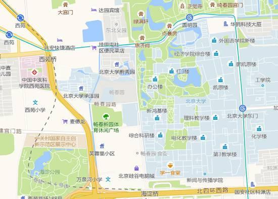 ▲地图上与地铁线路相邻的北京大学校园。