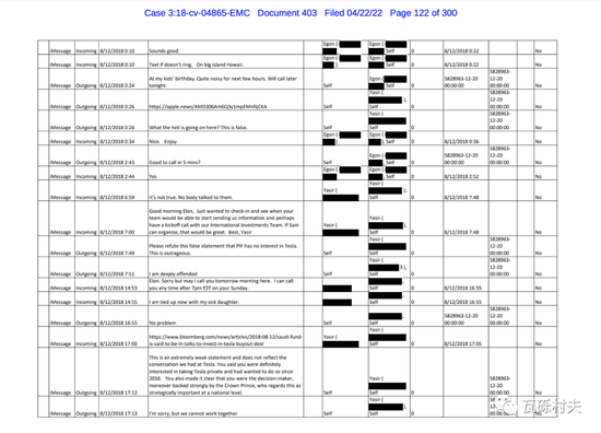 此次披露的法庭文件第122页，埃隆和亚西尔之间的短信对话。源：bloomberg