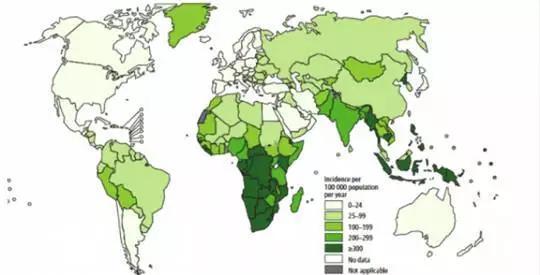 WHO发布的全球结核病报告中公布的2016年全球结核病的发病情况（图片来自WHO 2017全球结核病报告）