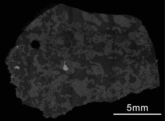 图2.钙长辉长无球粒陨石（Eucrite）的背散射电子图像（来自国家天文台月球与深空探测研究部的蔡司Supra-55场发射扫描电子显微镜）