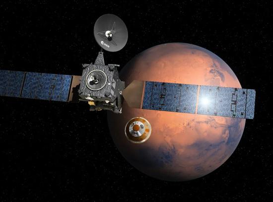 欧洲“火星生物学-2016”探测器正在释放“夏帕雷利”着陆器示意图。版权/ESA