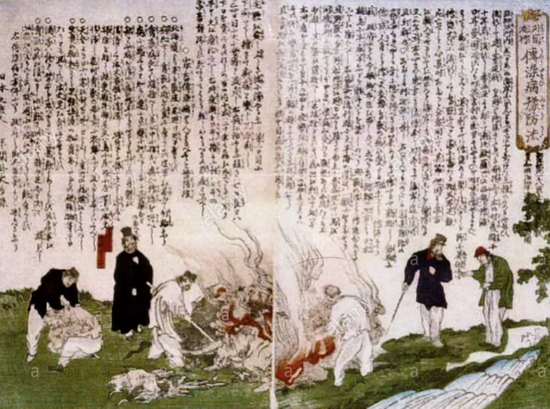 　19世纪描绘牛瘟的日本版画。图片来源：wikimedia