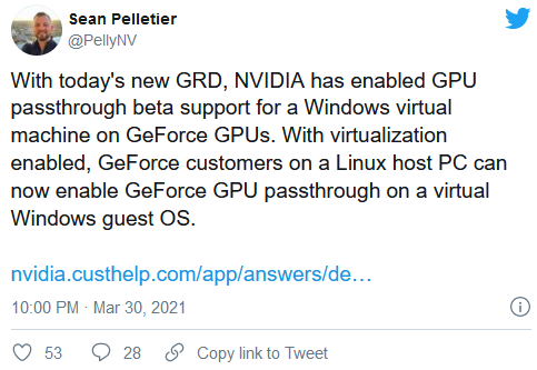 NVIDIA正式启用GeForce显卡的GPU虚拟机直通功能