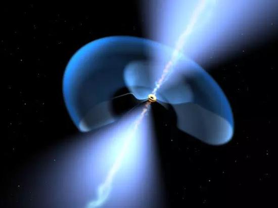 超大质量黑洞的概念图。中央的超大质量黑洞被一个吸积盘（黄色）所围绕，外部则是尘埃环面（蓝色），两道喷流则从中心区域向外喷射而出。图片来源：ESA/NASA/the AVO project/Paolo Padovani。