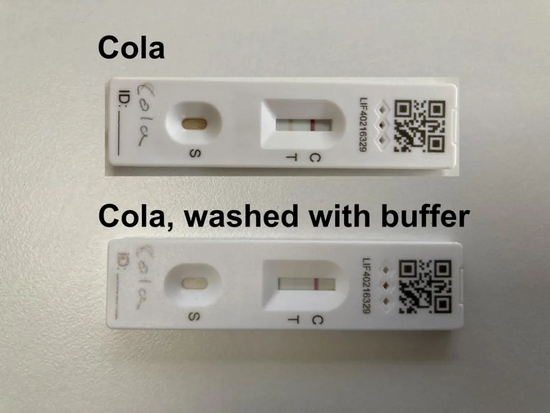 　上为滴了可乐的 LFT 试剂盒；下为被缓冲液冲洗过的同一 LFT 试剂盒。图片来源：Mark Lorch