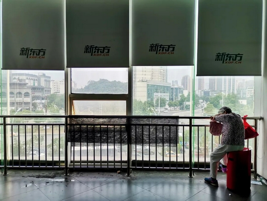 6月13日，湖北武汉一处新东方英语校区内，一位老人在等待自家孩子下课。图/视觉中国