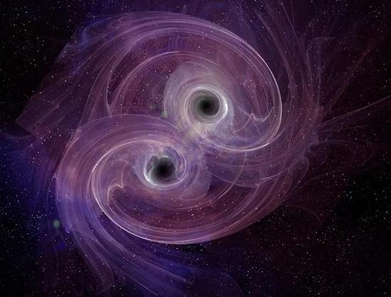 两个黑洞碰撞的艺术示意图。来源：Carol & Mike Werner/Visuals Unlimited， INC。/Science Photo Library