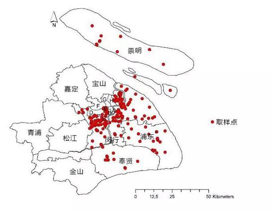  研究选取学校的位置分布（A： 黄浦； B：卢湾； C： 徐汇； D： 长宁； E： 静安； F： 普陀； G： 闸北； H： 虹口； I： 杨浦）| 图片来自论文