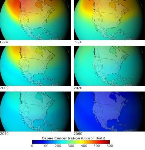 如果没有禁用CFC，臭氧浓度的变化，深蓝色代表臭氧浓度降为0。（图片来源：NASA）